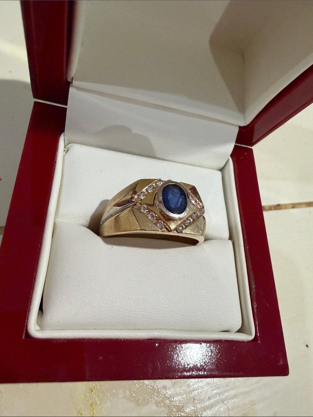 14k solid Gold Men's Ring with Natural Blue Sapphire Center Natural Diamond 1